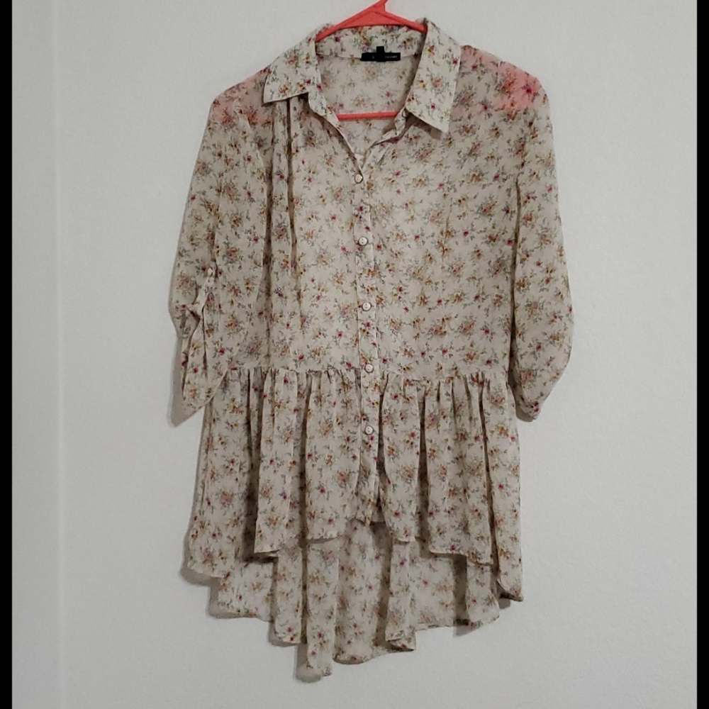 LOVE HAIGHT  hi lo lace insert Ruffl Bottom Floral Print Top Lrg. - Picture 7 of 8